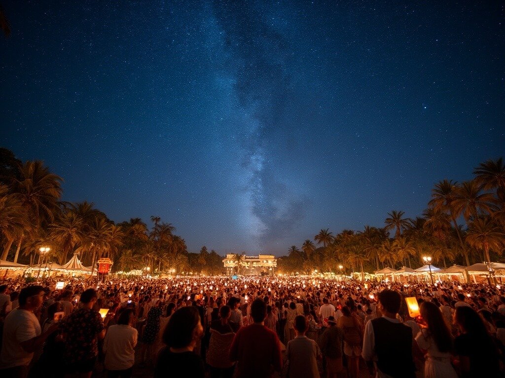 Thousands of people holding glowing candles at 'Carols by Candlelight' under a starry Australian summer night sky, surrounded by palm trees and festive lights
