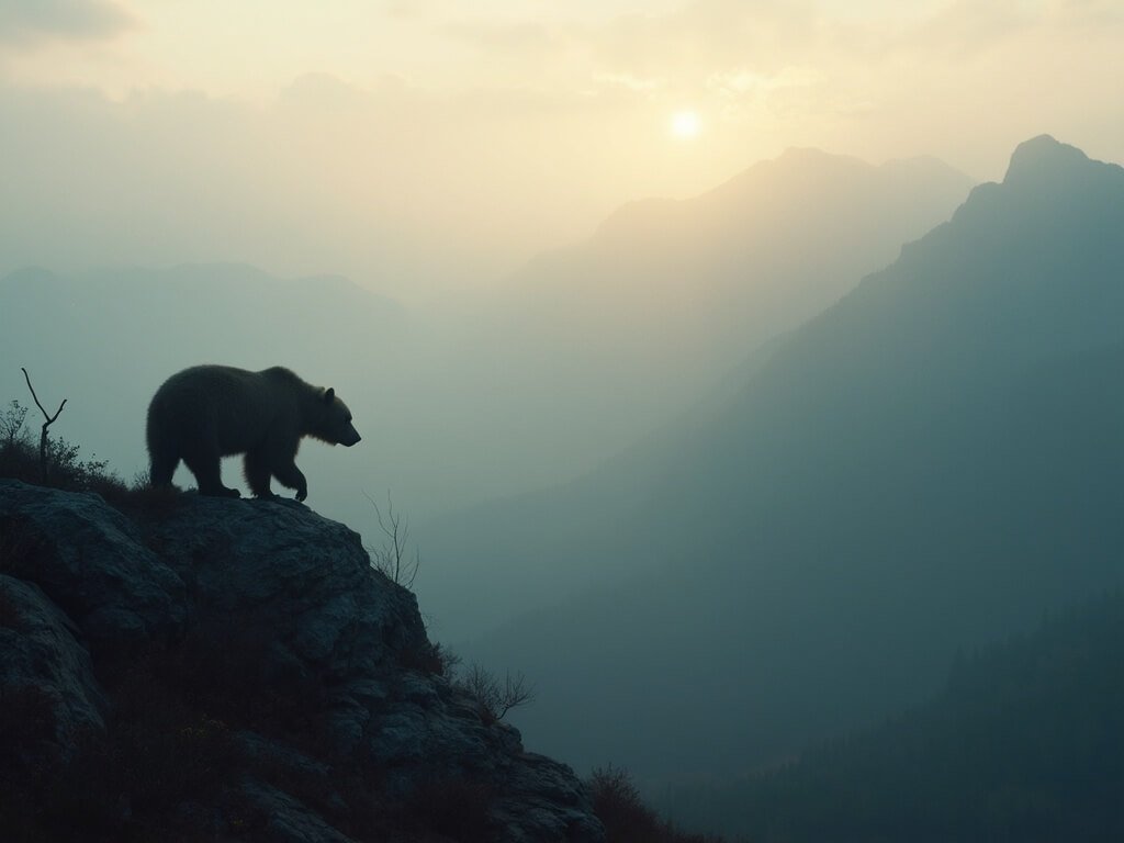 Bear silhouetted on a misty Carpathian mountain ridge at dawn, displaying the raw and untamed beauty of the wilderness