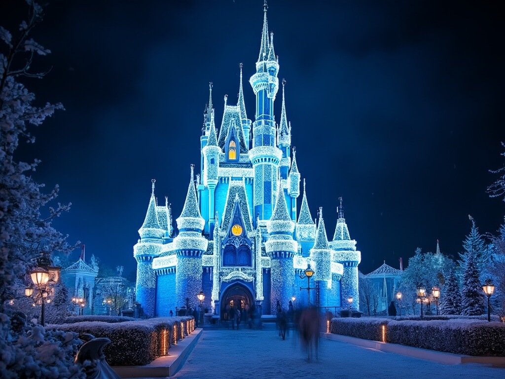 Illuminated Sleeping Beauty Castle at nighttime adorned with 80,000 holiday lights, surrounded by a tranquil winter backdrop