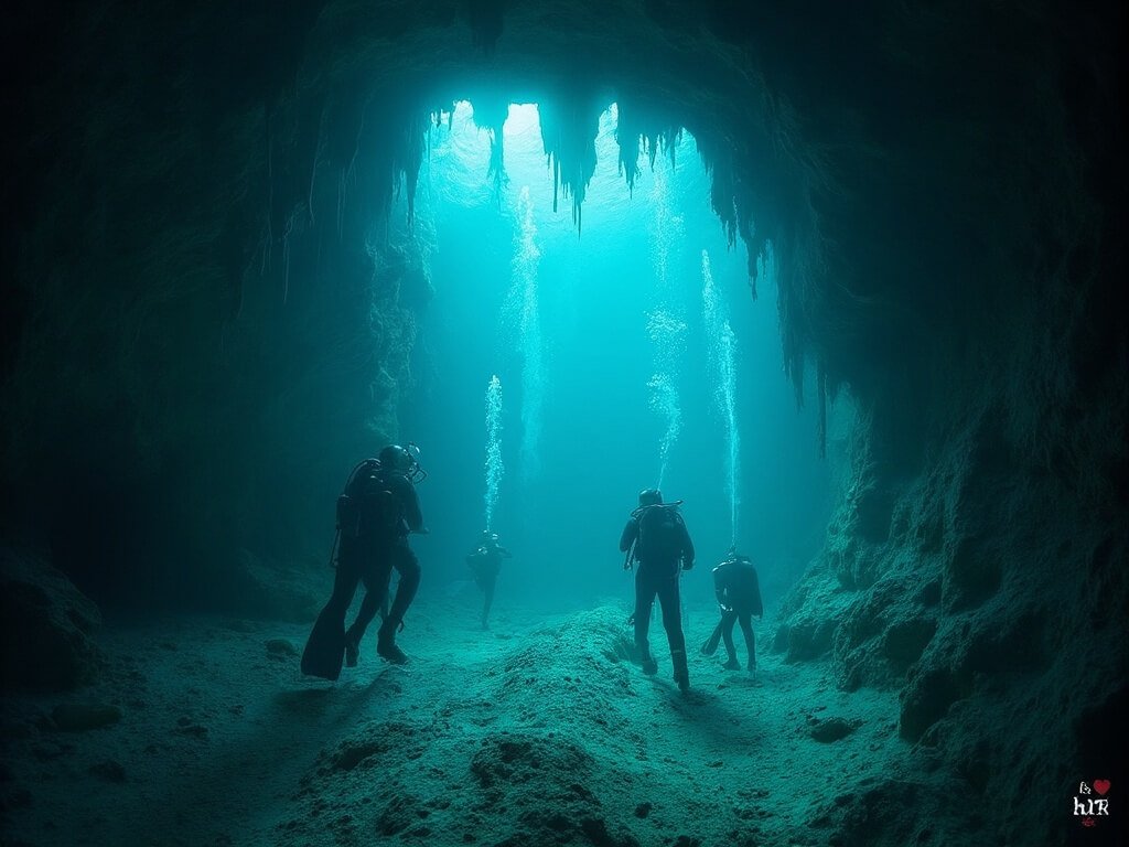 Professional cave divers cautiously navigating a narrow underwater tunnel with minimal disruption to the limestone walls, under soft diffusive light providing a mystical underwater setting