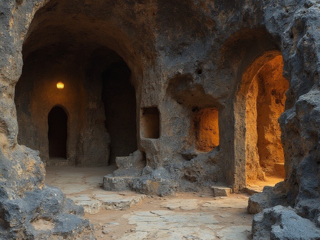 Close-up view of traditional cave dwelling carved into soft volcanic rock showcasing intricate architectural details and textured stone surfaces