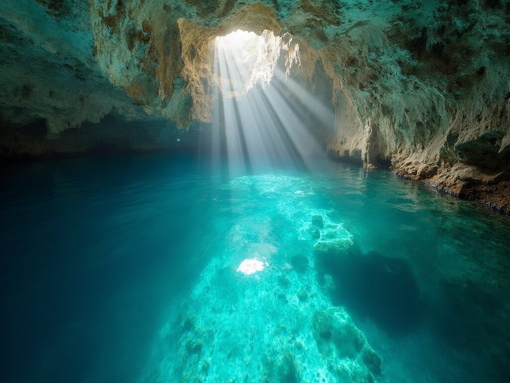 Underwater photograph of a clear cenote, sunlight shining on limestone walls and turquoise water with visible cave system