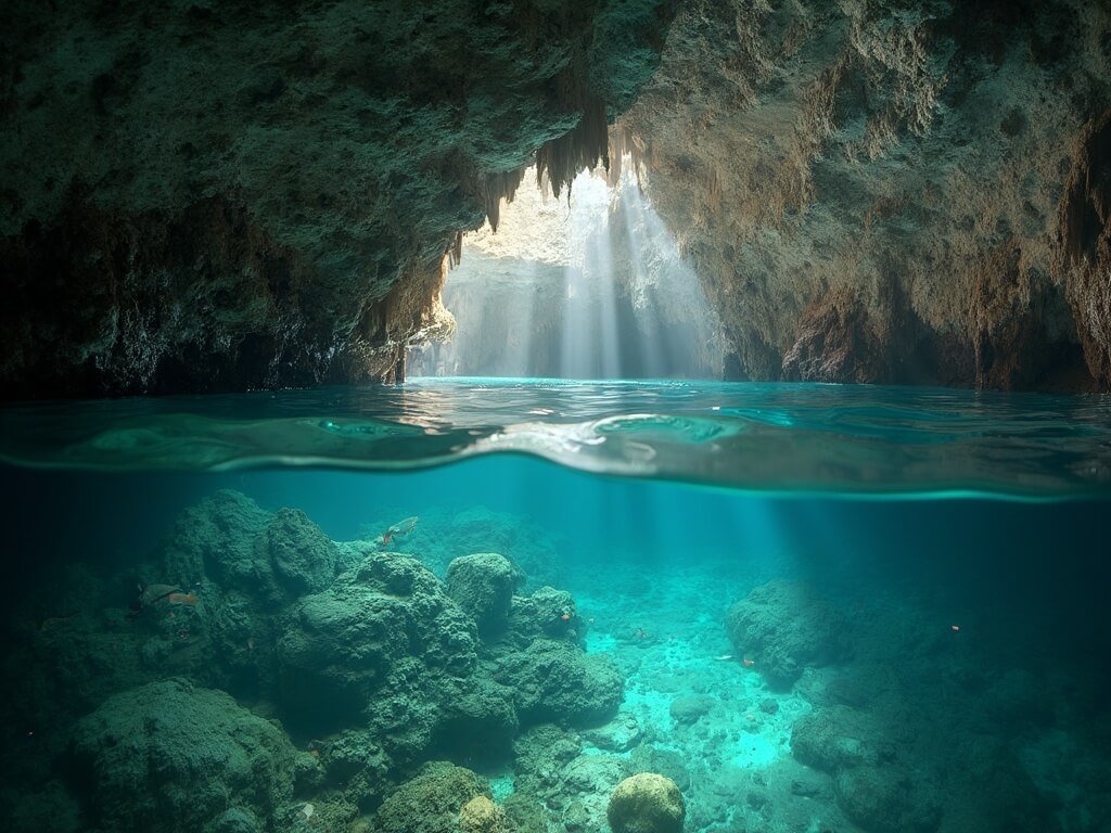 Close-up view of a half-submerged limestone cenote with clear water revealing tropical fish and intricate rock formations, illuminated by soft natural light