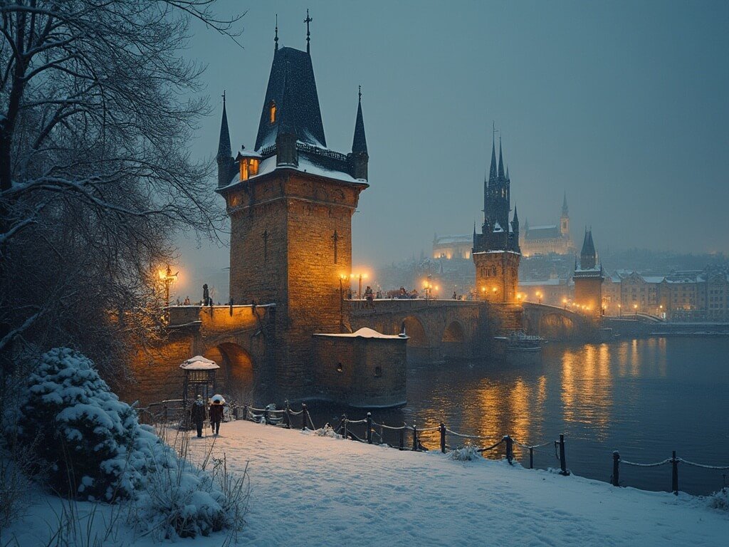 Charles Bridge in winter night with snow cover, illuminated by warm lights with gothic towers and misty backdrop