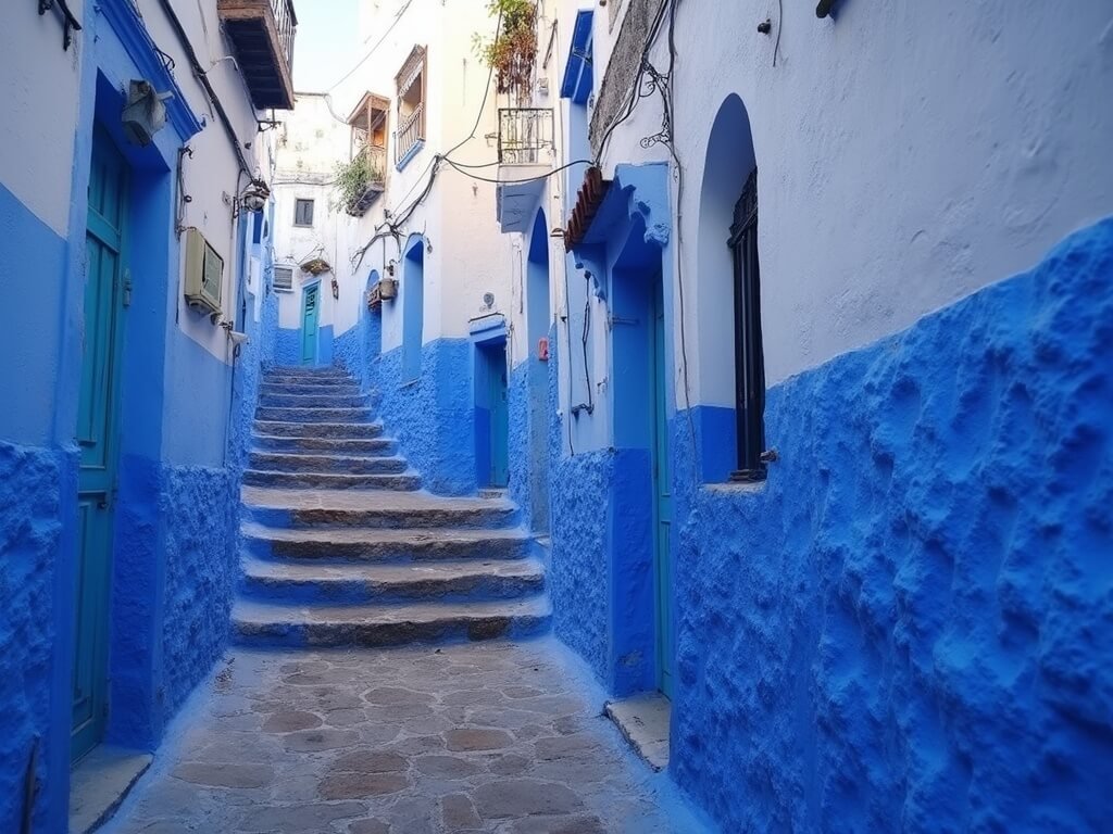 Narrow blue alleyway within towering whitewashed buildings in Chefchaouen, featuring steep stone steps, weathered walls and a cobblestone pathway illuminated by soft morning light