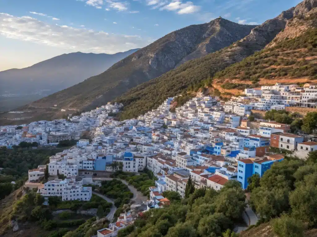 "Aerial view of Chefchaouen's blue-painted medina cascading down the mountainside, locals in djellabas in cobblestone streets, ornate doorways and plants, with Ras el Maa waterfall and Rif Mountains in the background during golden hour"