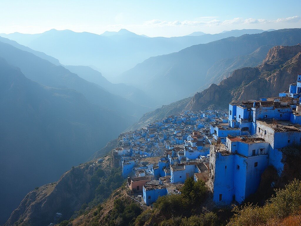 Early morning panoramic view of the blue-painted city of Chefchaouen nestled in the rugged slopes of the Rif Mountains, with mist hovering in the valleys