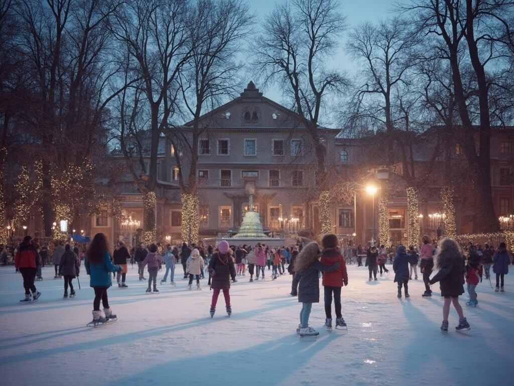 Children ice skating at twilight in Borghese Gardens with bare trees and twinkling lights creating a magical winter atmosphere