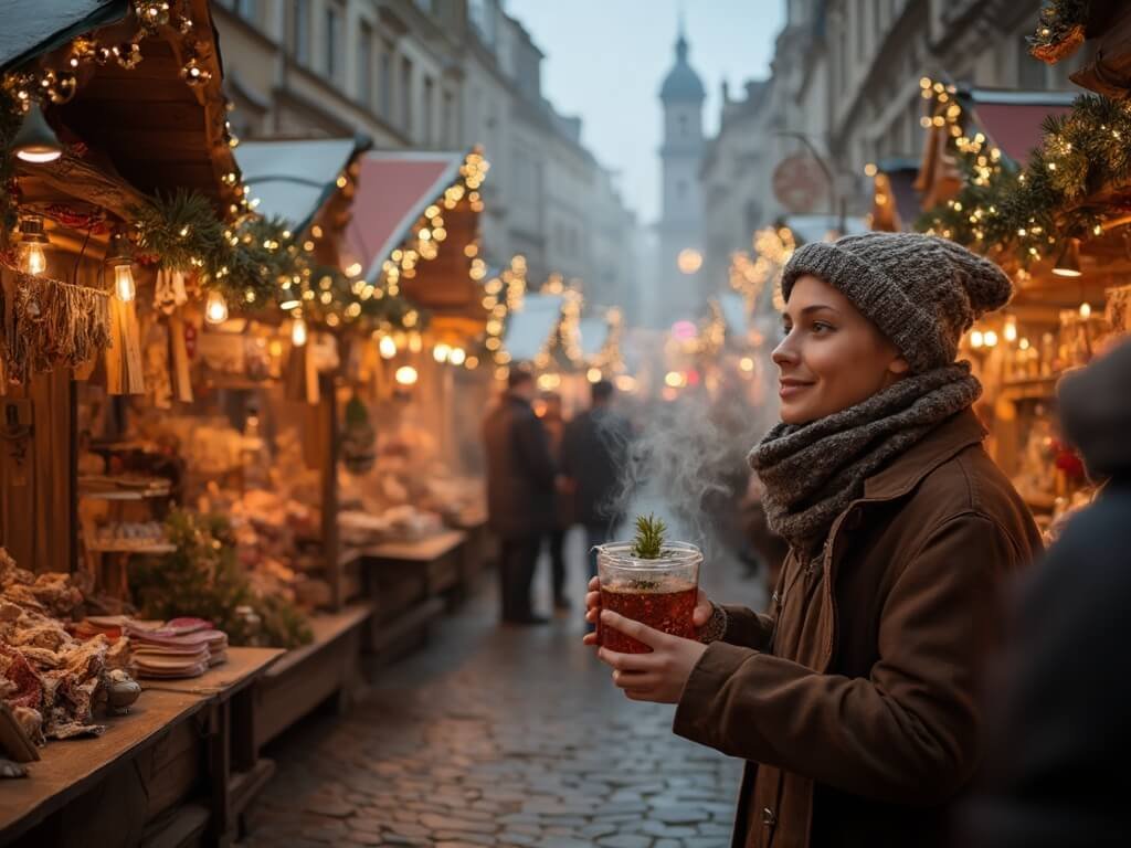Bustling Christmas market at Place des Dominicains featuring wooden stalls with artisan crafts, people in winter attire, and bokeh background of market lights with steam rising from mulled wine mugs