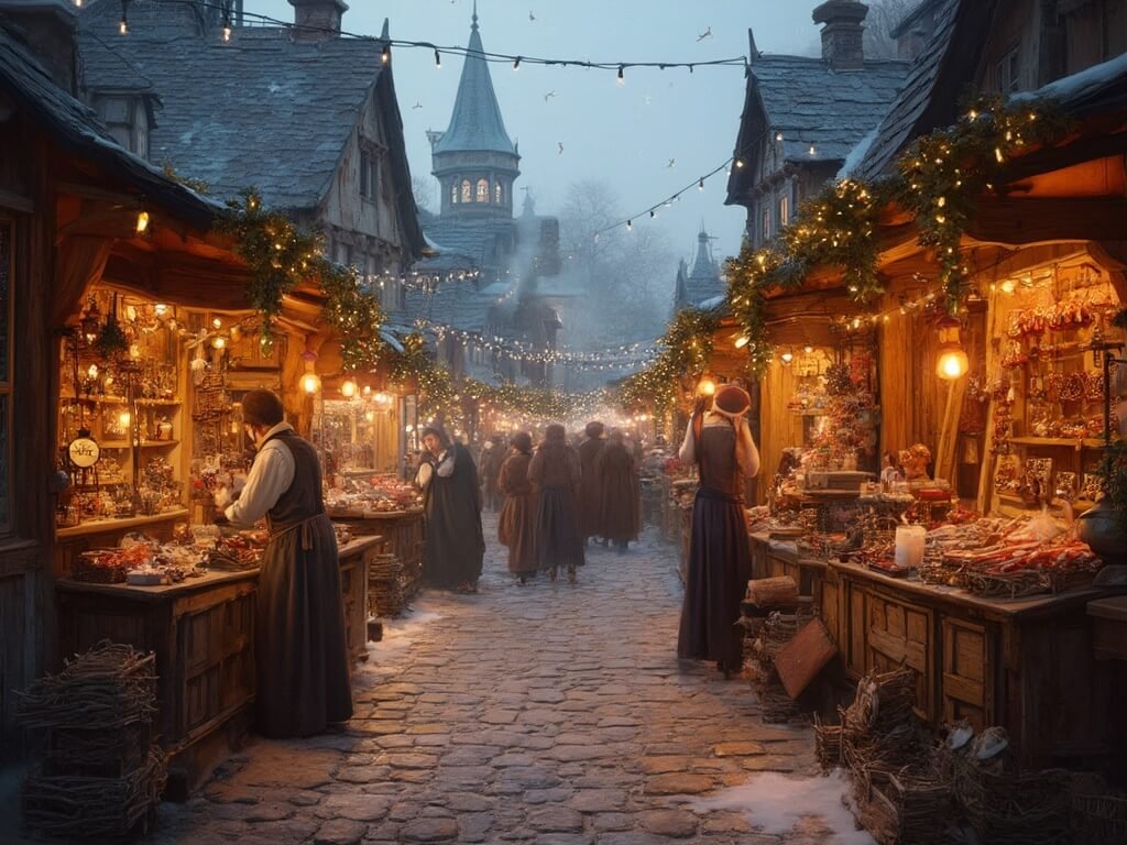 Artisan vendors in traditional Alsatian clothing crafting ornaments in a bustling Christmas market with wooden chalets and warm lights, with steam rising from mulled wine stands at dusk