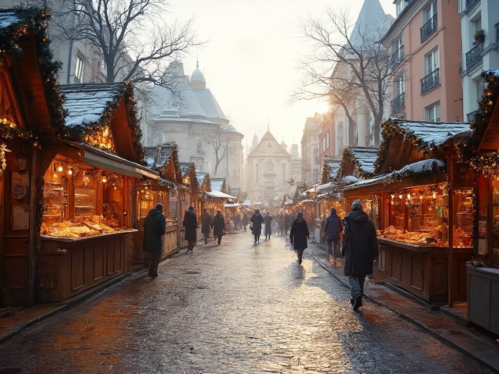 Panoramic morning view of Place Jeanne d'Arc during Christmas season featuring bustling market stalls, festive decorations, and traditional Alsatian architecture