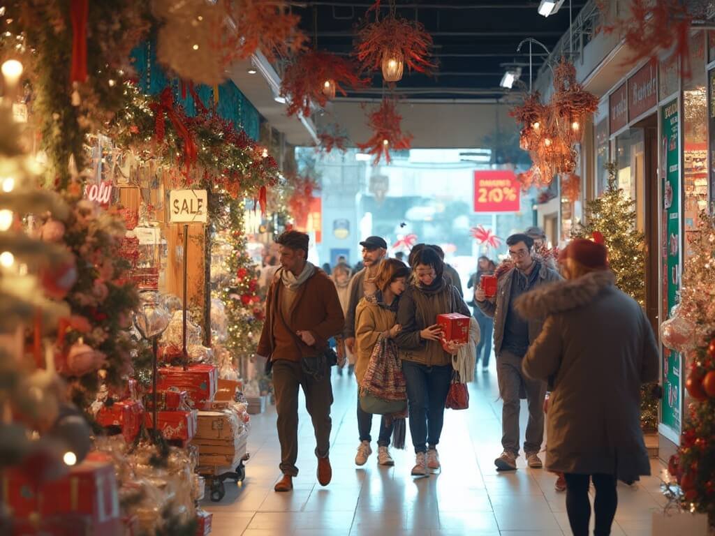 Bustling Australian retail store with festive Christmas displays, shoppers carrying multiple gifts, colorful sale signs in a bright commercial interior