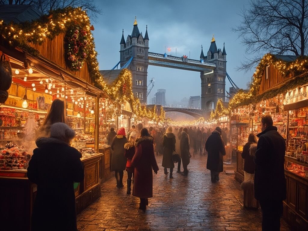 Vibrant Christmas market scene by the River with Tower Bridge in background, festive stalls, glowing lights, steam from mulled wine, and people in warm winter clothing