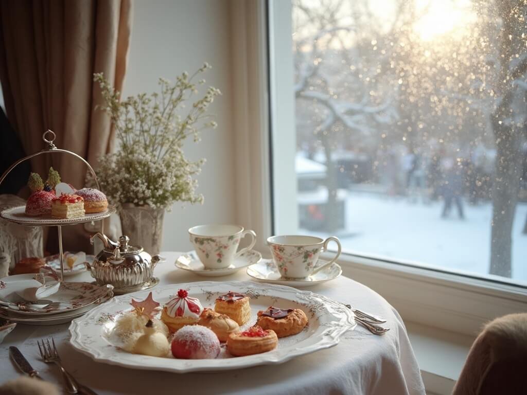 Elegant Christmas-themed afternoon tea setup with ornament-shaped pastries, fine china teacups, and silver tea service near a frosted window overlooking snowy London streets in soft winter sunlight