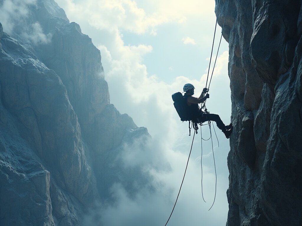 Adventurous climber hanging on steel cables on a steep limestone cliff with scenic mountain winds, showcasing a dynamic via ferrata route.