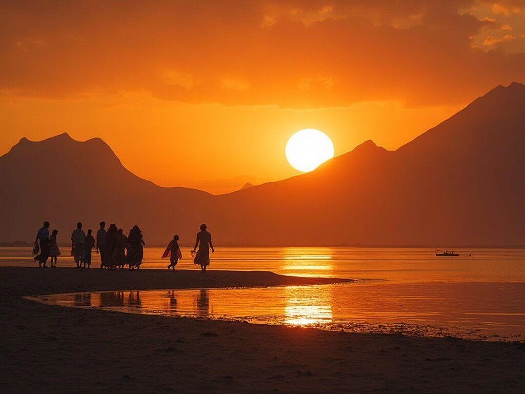 Community members walking at lagoon edge during sunset with silhouetted dunes in the background, symbolizing sustainable interaction with environment