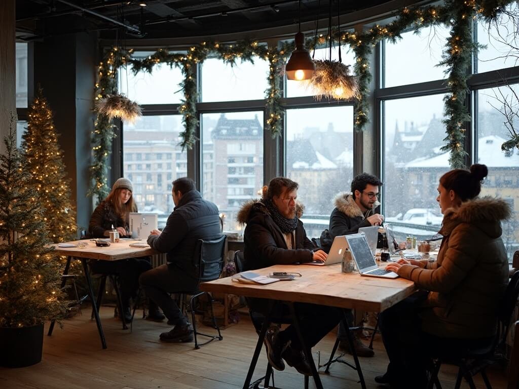 Modern, festively decorated co-working space in Copenhagen with people working, large windows displaying a snowy cityscape, wooden tables with laptops, warm lighting, and subtle Christmas decorations