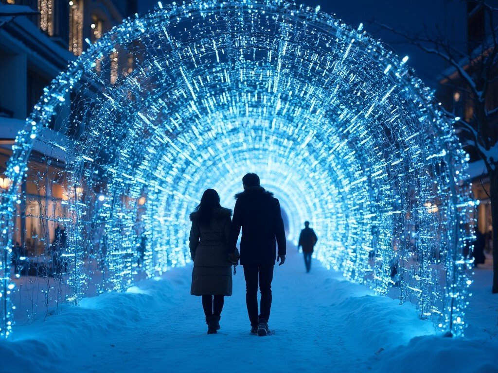 Couple holding hands while walking through Keyakizaka Avenue's blue and white LED light winter tunnel display