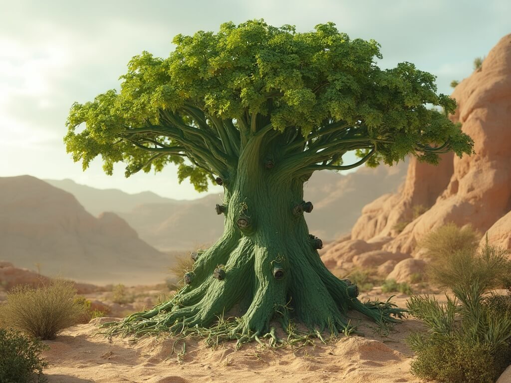 Close-up of a Cucumber Tree's bottle-shaped trunk in a sparse desert, demonstrating its water storage adaptation