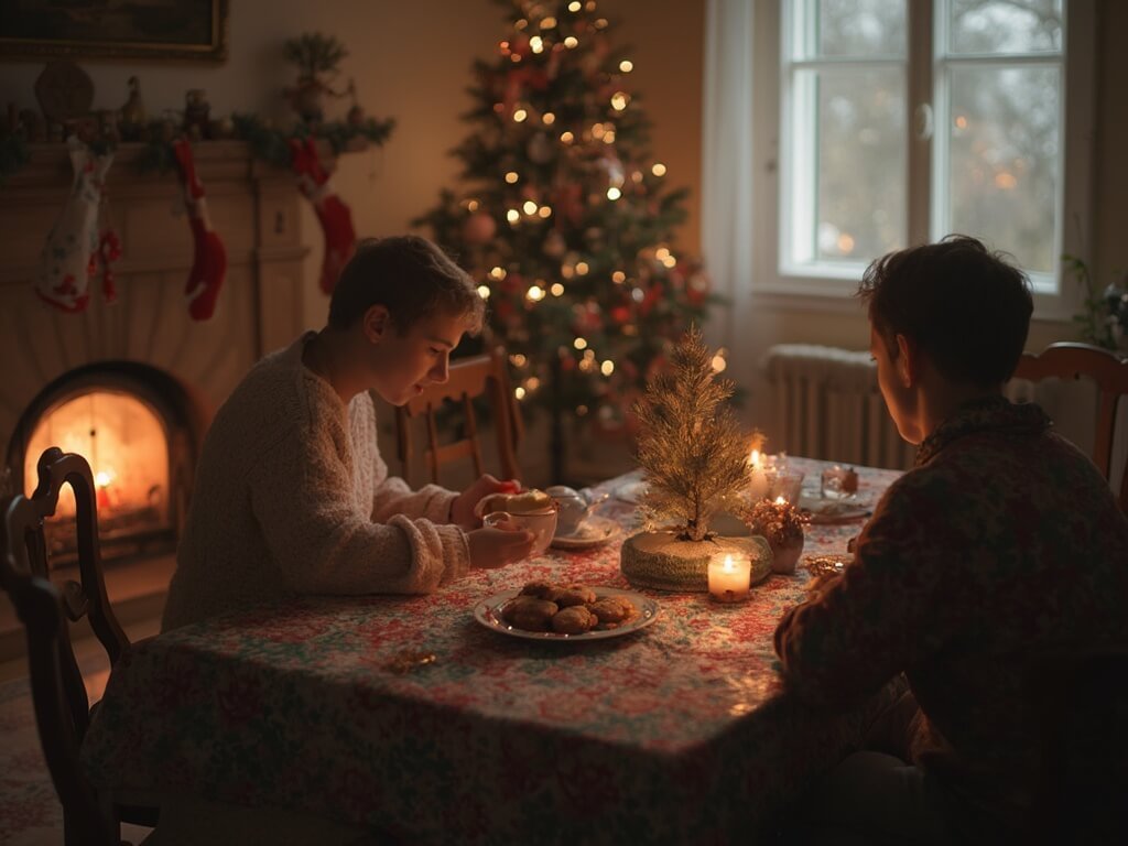 Czech family enjoying Christmas in traditional apartment with holiday decorations, Czech Christmas cookies, small decorated tree, soft candlelight, and person in thermal underwear, with Czech cultural elements subtly incorporated in room design.