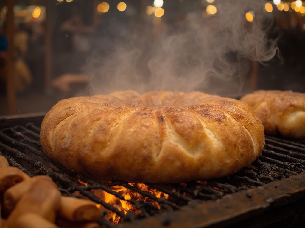 Close-up of a traditional Czech trdelník being prepared with steam rising, and festive market stalls blurred in the background