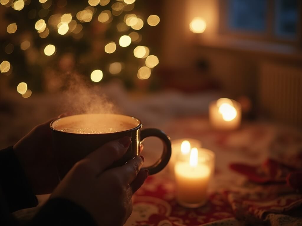 Cozy Danish living room embodying 'hygge' with soft candlelight, traditional Christmas decor, a person's hands cradling a mug of steaming gløgg, and a gently blurred Christmas tree in the background offering warmth and intimacy.