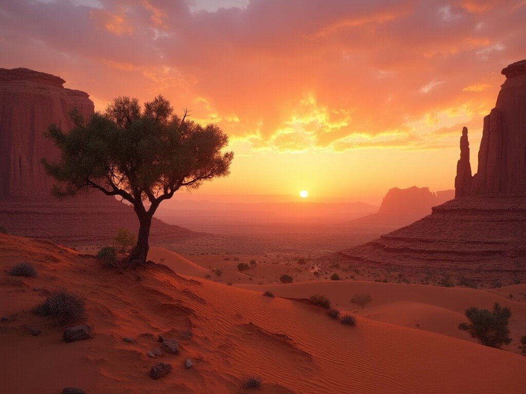 Solitary acacia tree silhouetted against a dramatic red rock desert landscape during sunrise, surrounded by expansive sand dunes and rocky outcroppings