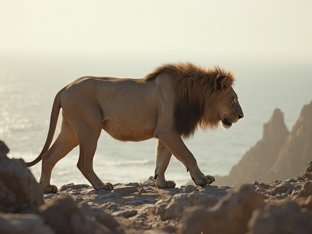 Desert-adapted lion camouflaged against rocky coastal terrain with ocean and granite formations in the background at dawn