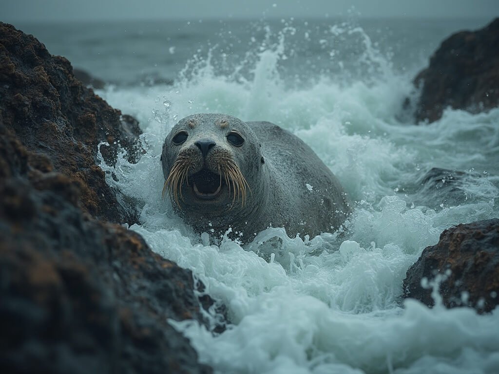 Desert-adapted seals skillfully navigating through harsh rocky coastal currents with visible adaptations in moody lighting