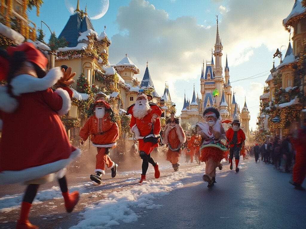 Vibrant action shot of Disney's Christmas parade with costumed performers, holiday-themed floats, dynamic movement, and festive energy from a slightly elevated perspective
