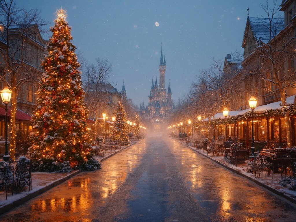 Disneyland's Main Street decorated with twinkling Christmas trees, artificial snow, and golden evening lights creating a magical winter wonderland atmosphere
