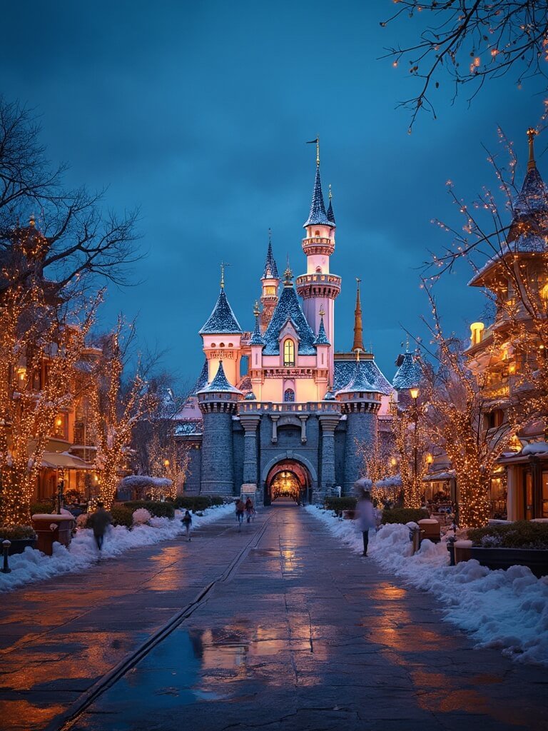 Panoramic view of Disneyland adorned with twinkling festive lights during twilight, displaying magical winter ambiance and fine architectural details, with no crowd in sight