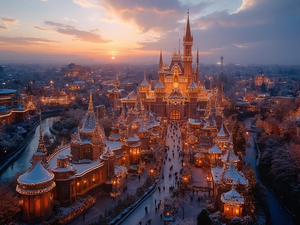 Aerial view of Disneyland Paris at golden hour, adorned with Christmas lights and decorations, with snow-covered rooftops
