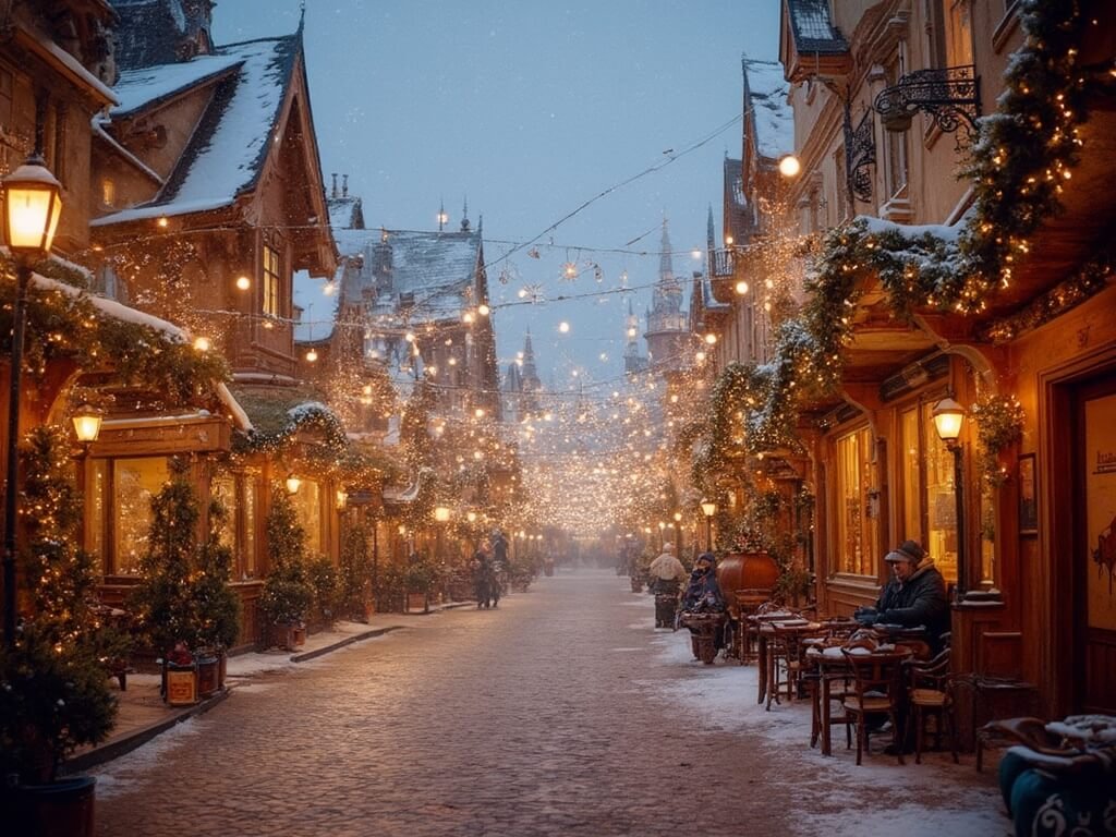 Main Street, U.S.A. in Disneyland Paris illuminated with twinkling lights and holiday decorations under a soft, magical winter atmosphere with artificial snowflakes falling during early evening.