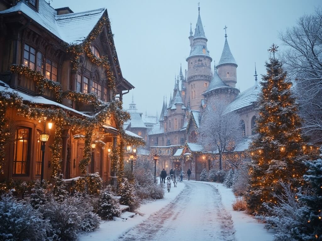 Christmas at Disneyland Paris with holiday garlands, Christmas trees, and artificial snowfall