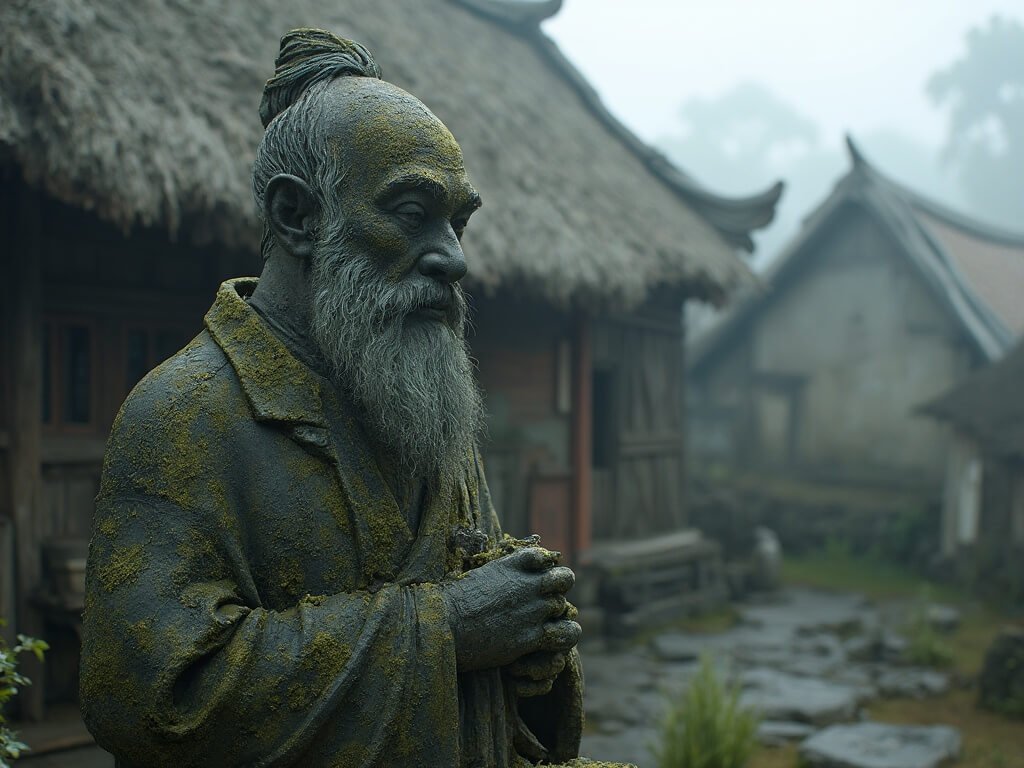 Close-up of mossy, weathered stone grandfather statue (Dol hareubang) against a misty traditional thatched-roof village in soft morning light