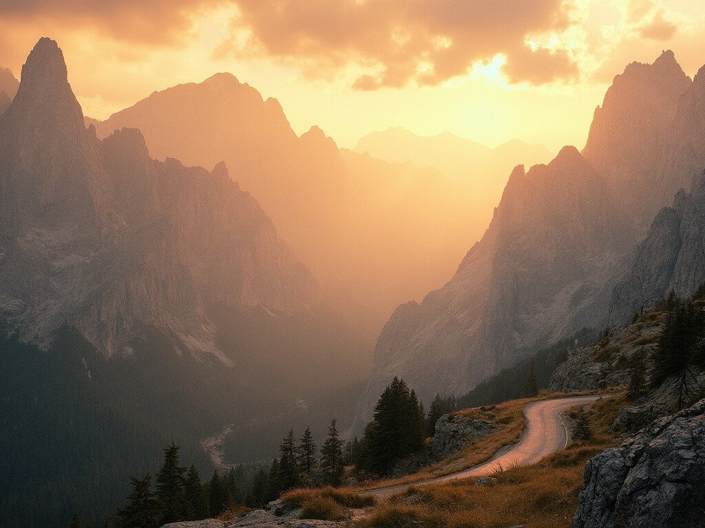 Golden-hour landscape of the Dolomites with warm light painting the jagged mountain peaks in oranges and yellows