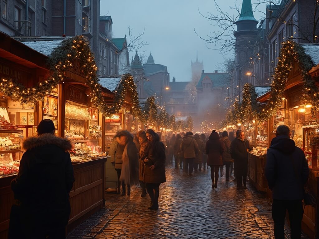 Bustling Christmas market at dusk in a cobblestone square, surrounded by historic buildings with people in winter coats browsing wooden stalls glowing with lights, selling handcrafted goods and traditional Dutch holiday decorations, steam rising from mulled wine cups adding to the festive atmosphere