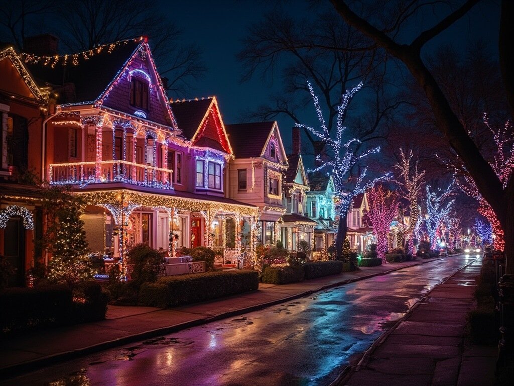 Dyker Heights street in Brooklyn aglow with synchronized Christmas lights and elaborate holiday decorations at night