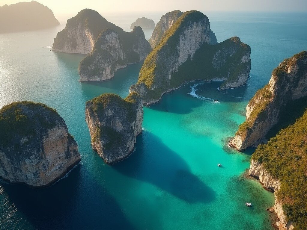 Aerial view of towering limestone cliffs in crystal clear turquoise waters of El Nido with golden sunlight casting shadows on the rock formations