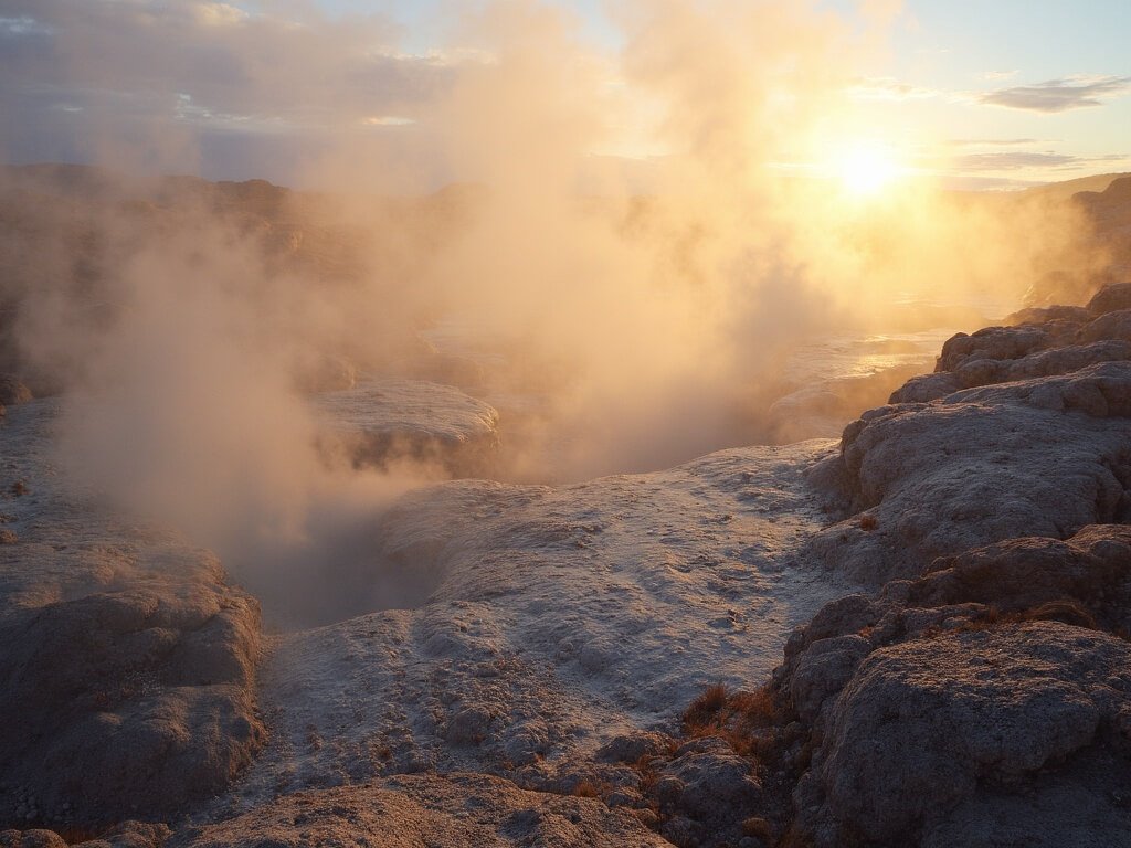 Dawn at El Tatio Geysers with steam rising from thermal vents against golden light, highlighting the textured volcanic terrain and thermal activity.