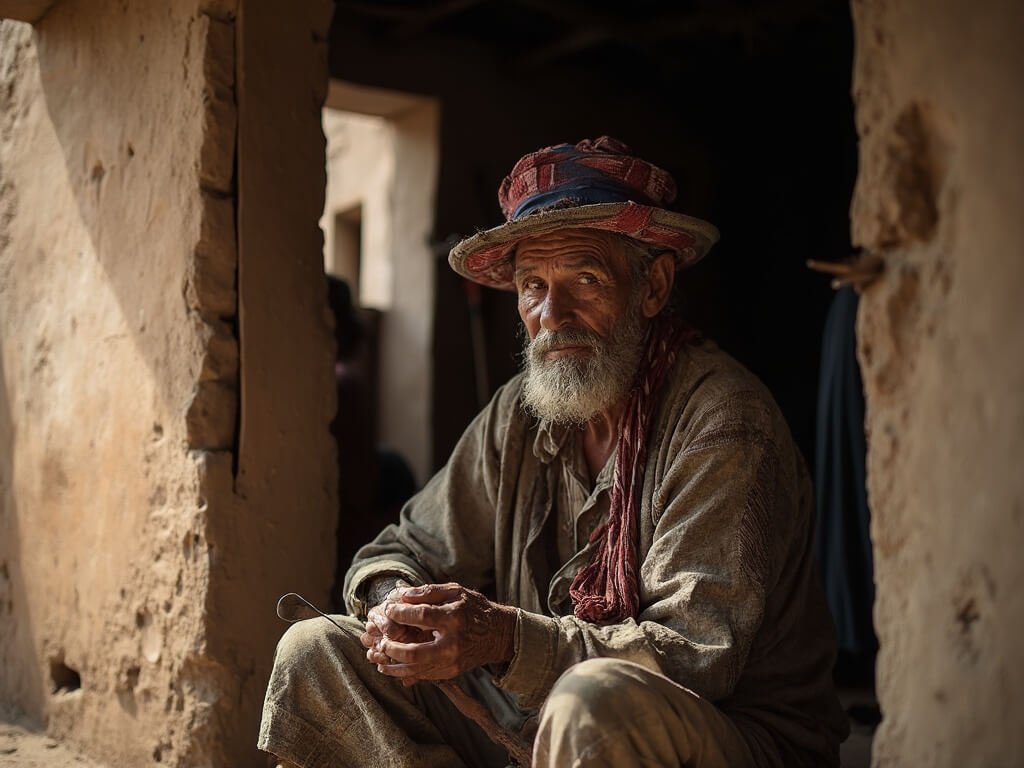 Elderly artisan working on traditional craft in a mud-brick doorway with natural light highlighting traditional attire and signs of age