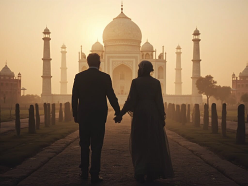 Elderly couple holding hands in silhouette against the Taj Mahal, symbolizing timeless love under ethereal lighting