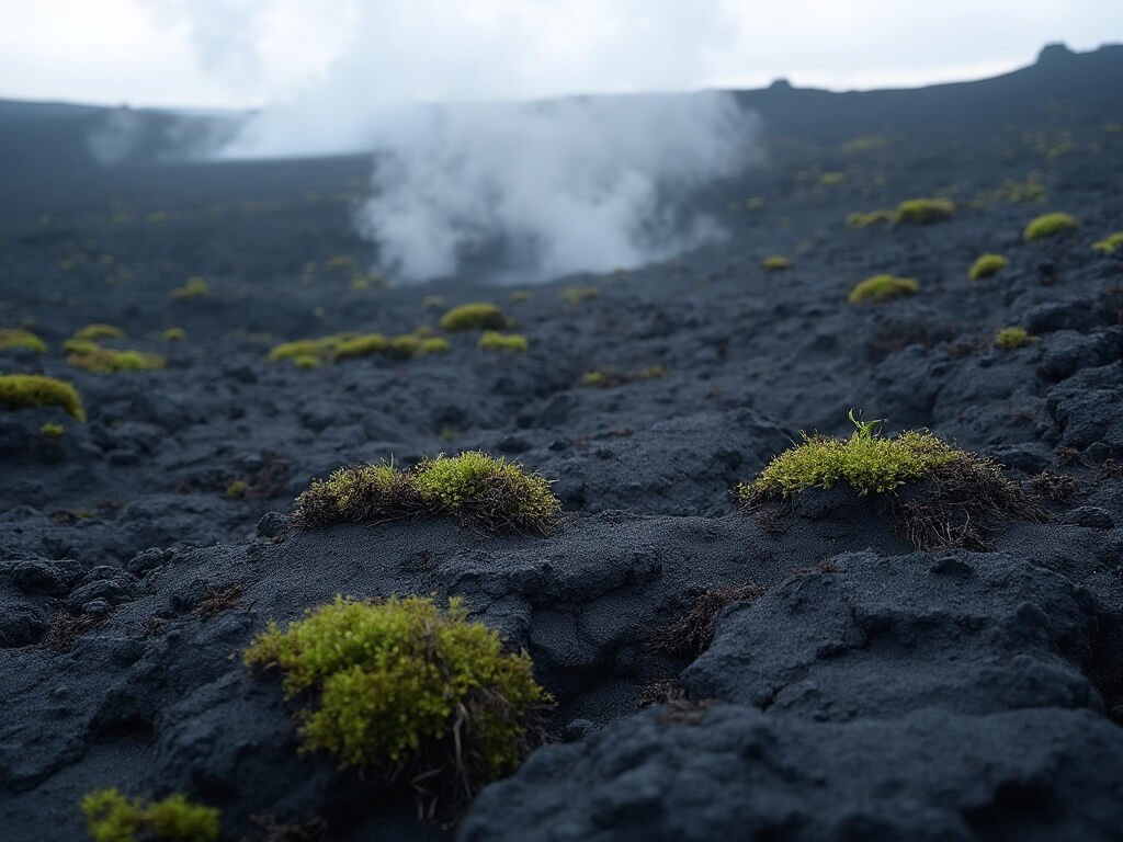 Close-up of Fagradalsfjall eruption field showcasing fresh black lava flows, emerging green moss, rising steam from cooling volcanic rock, and diffused light highlighting raw textures