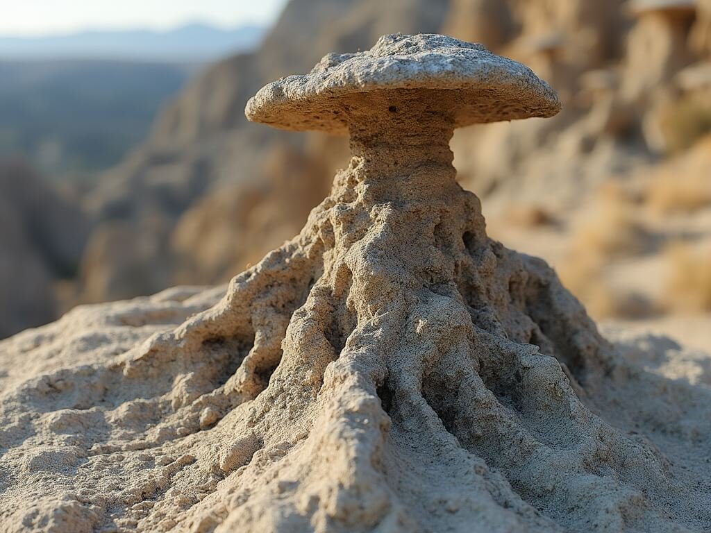 Close-up view of a weathered fairy chimney rock formation displaying intricate erosion patterns, volcanic tuff layers, and mushroom-like basalt cap in soft morning light.