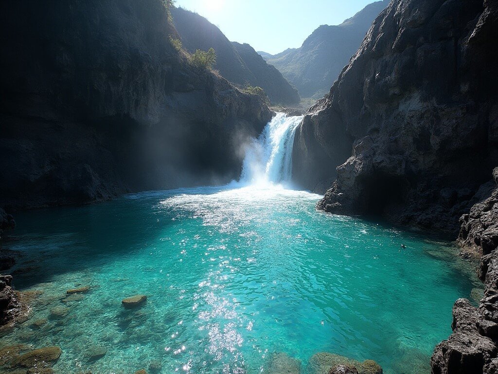 Turquoise water cascading through rock pools in Fairy Pools with black mountain peaks backdrop, sunlight sparkle on water in high-resolution landscape photography