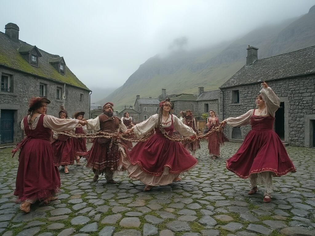 Traditional Faroese chain dance performance in an old village square with dancers in authentic wool clothing, stone houses and misty mountains in the background