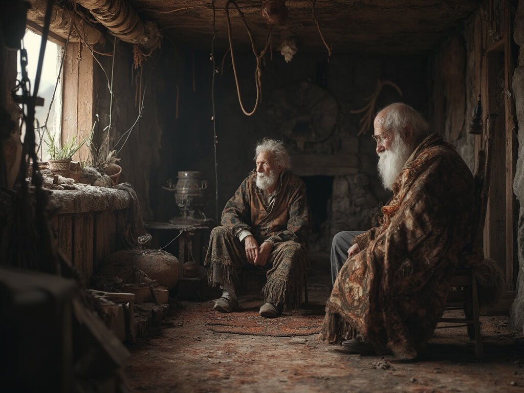 Elderly Faroese Storyteller relating tales to youth inside traditional turf-roofed house with handmade crafts and maritime artifacts in background.