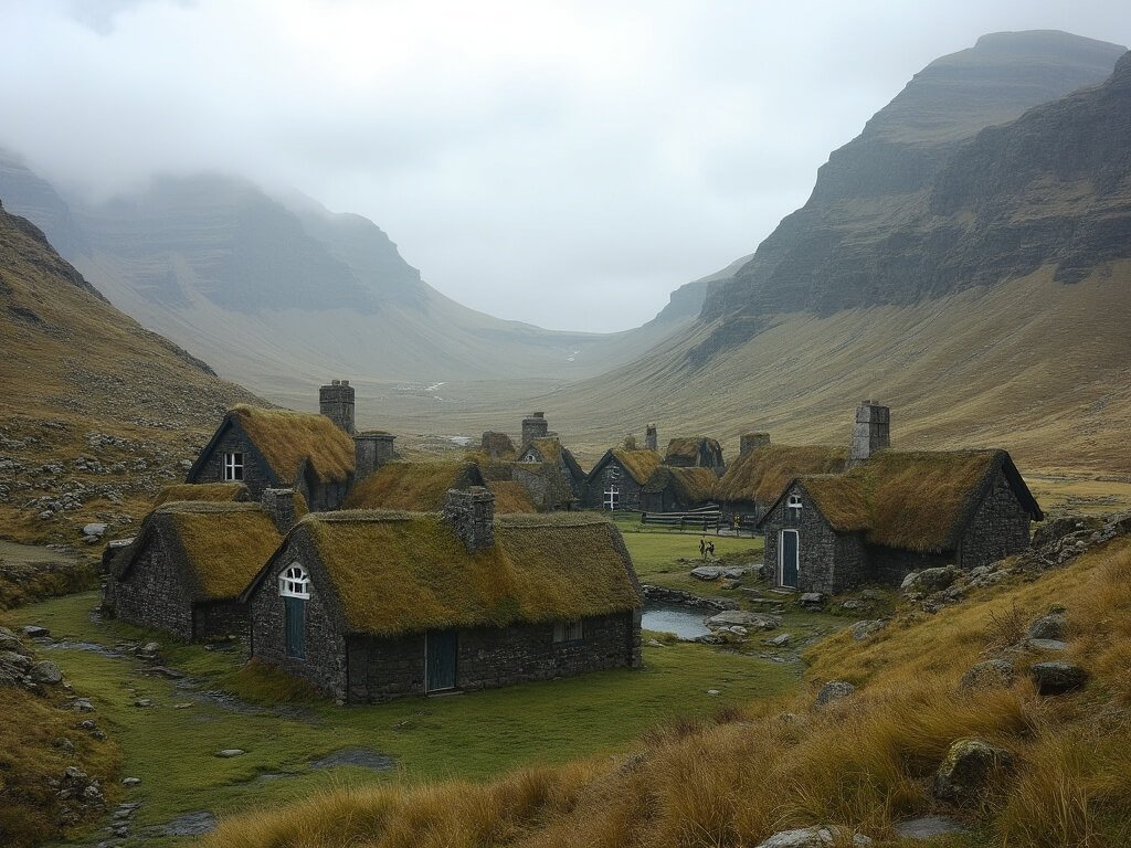 Early morning view of a traditional Faroese village with turf-roofed stone houses in a U-shaped valley, surrounded by rugged mountains, under diffused natural light