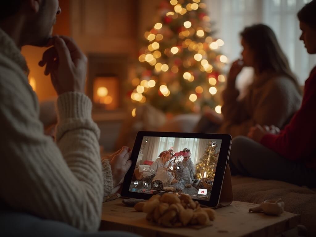 Finnish family in warm sweaters enjoying a Christmas video call on a digital tablet in a cozy living room lit by soft candlelight, with a blurred Christmas tree in the background, illuminated by authentic natural light in a cinematic composition.